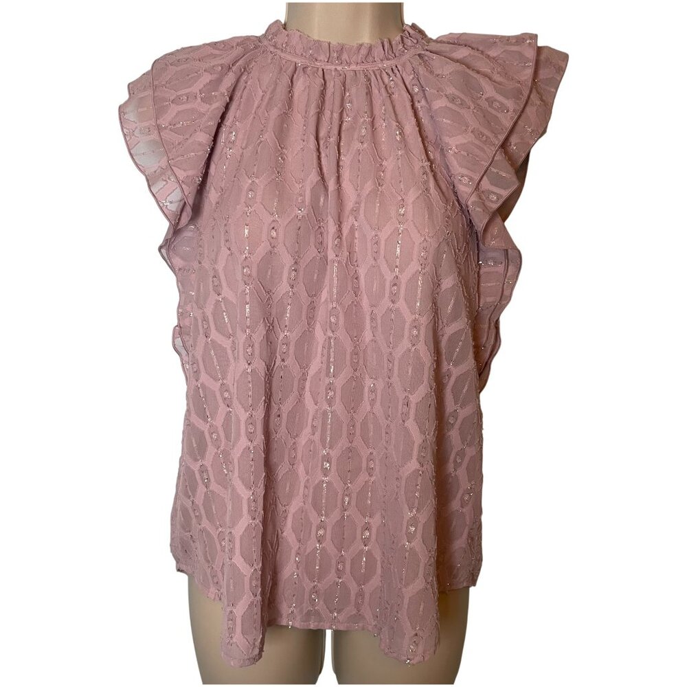 NWT Loft Women Blouse Purple Shimmer Petite Small Flutter Sleeve Metallic Career